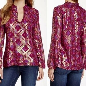 TORY BURCH Pink & Gold Geometric Blouse Women’s Top